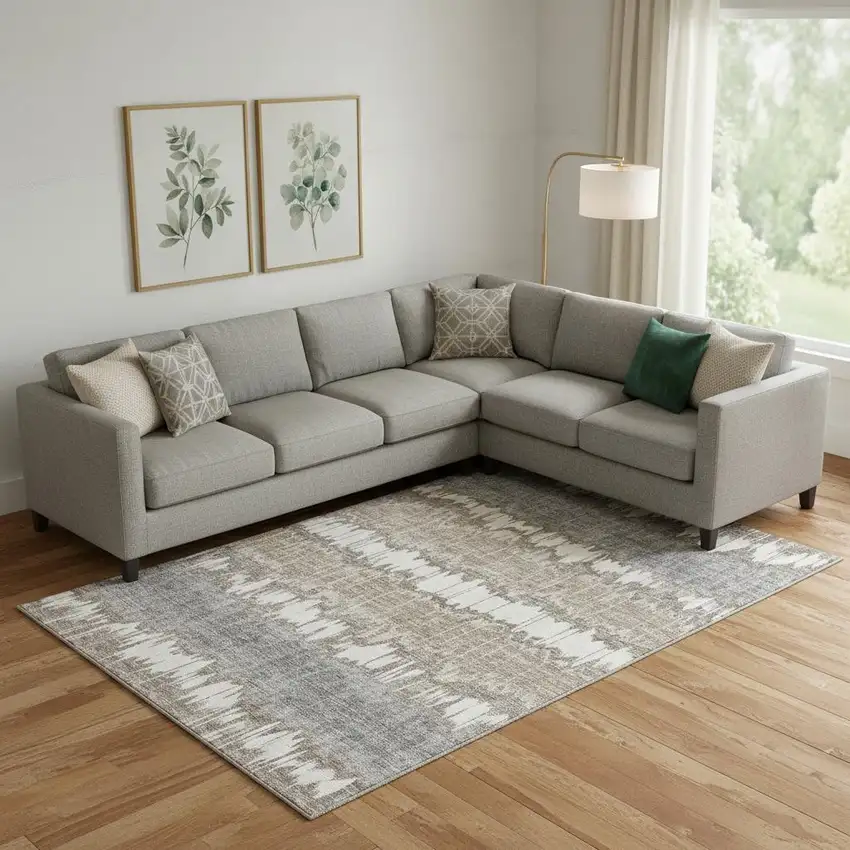 Taupe Ivory And Gray Striped Washable Area Rug With UV Protection Photo 3