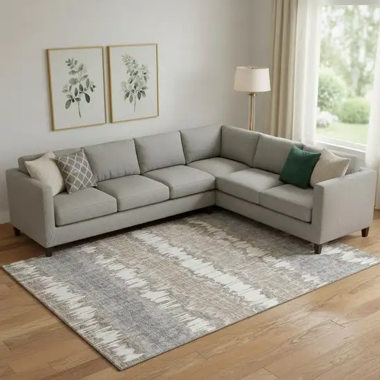 Taupe Ivory And Gray Striped Washable Area Rug With UV Protection Photo 1