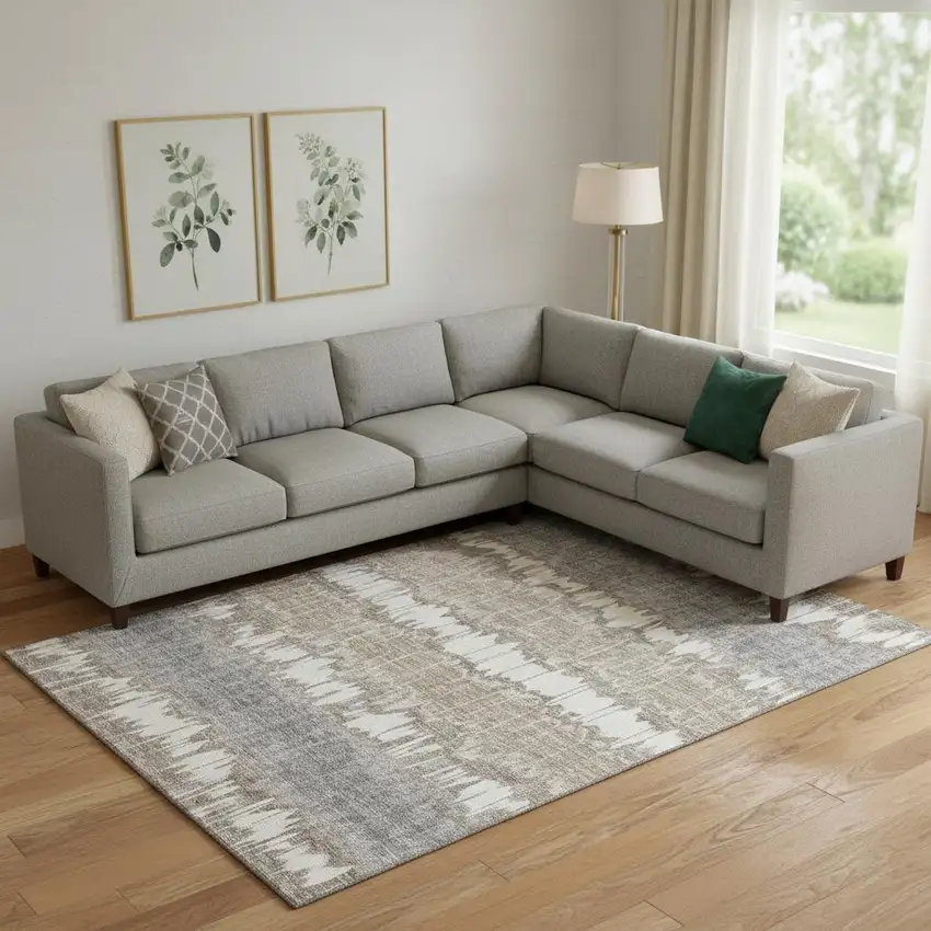 Taupe Ivory And Gray Striped Washable Area Rug With UV Protection Photo 1