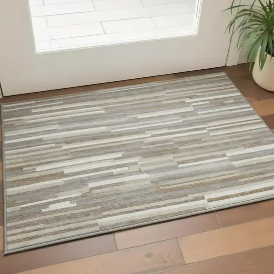 Taupe Ivory And Gray Striped Washable Area Rug With UV Protection Photo 2