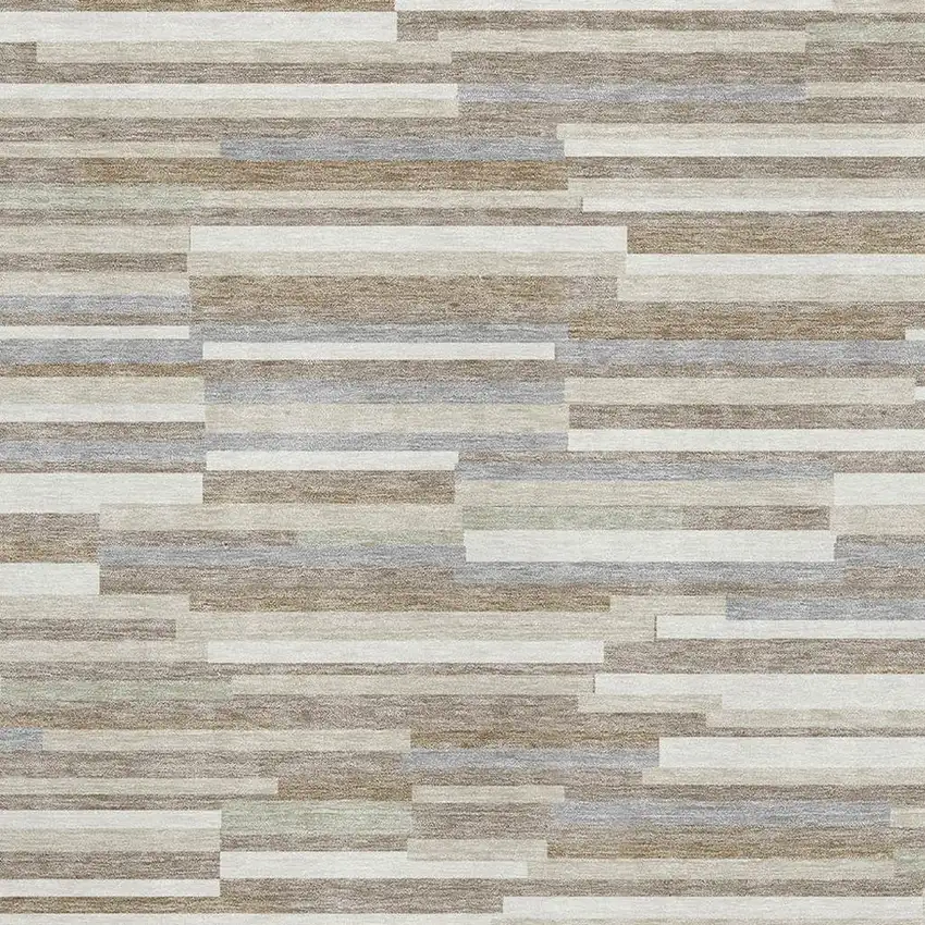 Taupe Ivory And Gray Striped Washable Area Rug With UV Protection Photo 3