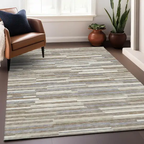 Taupe Ivory And Gray Striped Washable Area Rug With UV Protection Photo 5