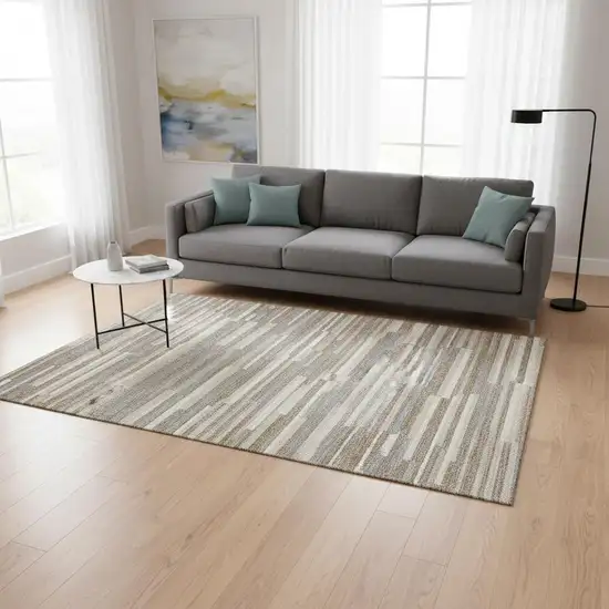 Taupe Ivory And Gray Striped Washable Area Rug With UV Protection Photo 2