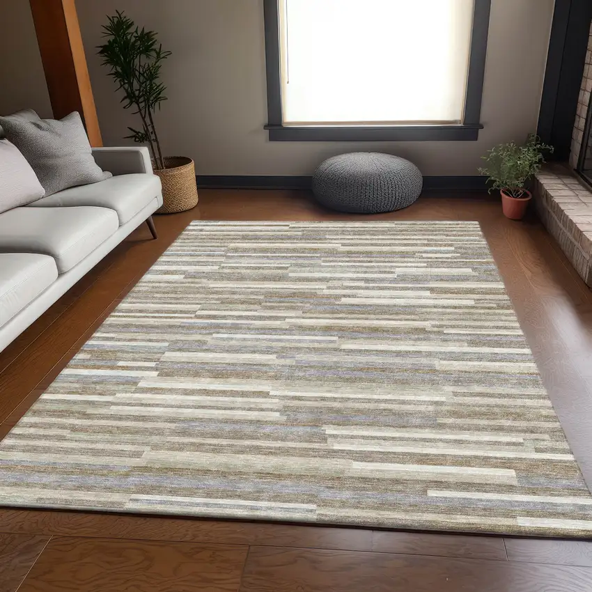 Taupe Ivory And Gray Striped Washable Area Rug With UV Protection Photo 6