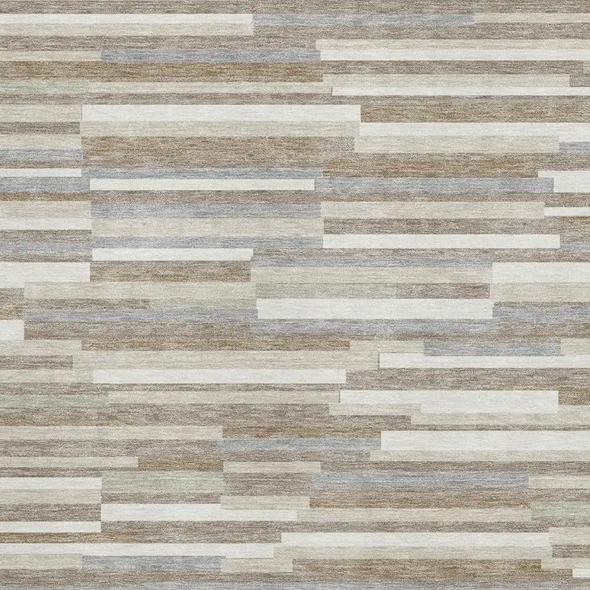 Taupe Ivory And Gray Striped Washable Area Rug With UV Protection Photo 3