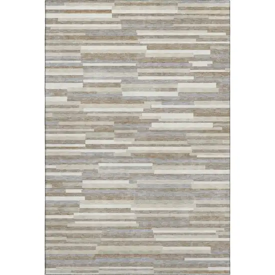 Taupe Ivory And Gray Striped Washable Area Rug With UV Protection Photo 1