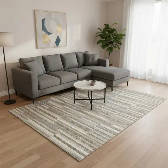 Taupe Ivory And Gray Striped Washable Area Rug With UV Protection Photo 2