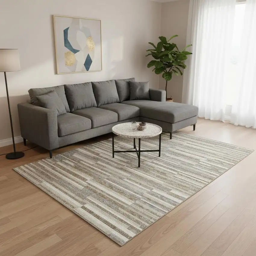 Taupe Ivory And Gray Striped Washable Area Rug With UV Protection Photo 2