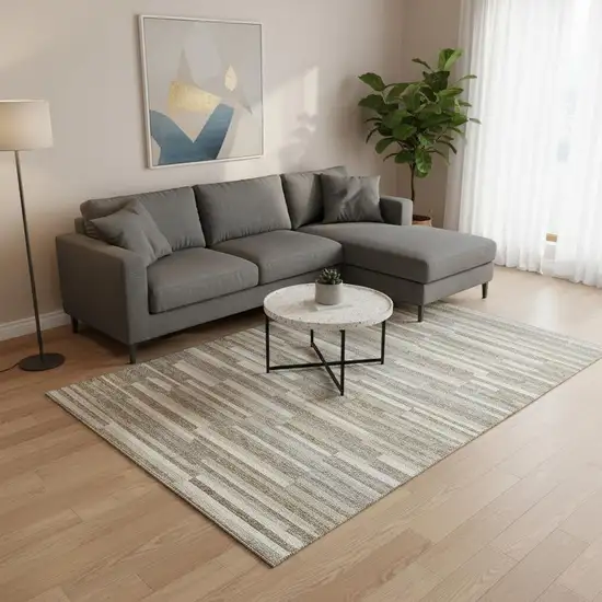 Taupe Ivory And Gray Striped Washable Area Rug With UV Protection Photo 2