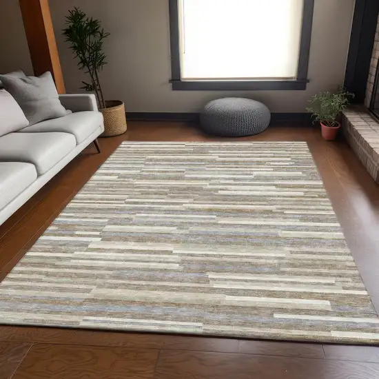Taupe Ivory And Gray Striped Washable Area Rug With UV Protection Photo 6