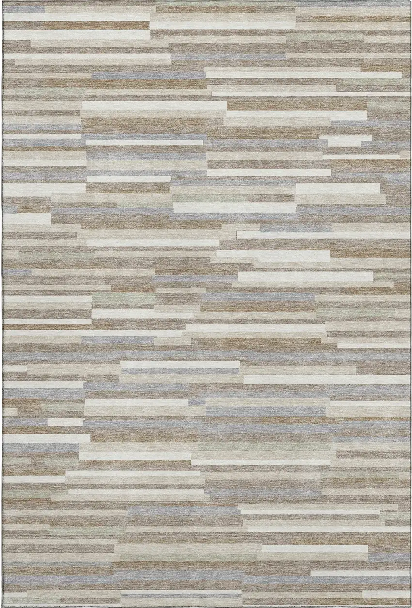 Taupe Ivory And Gray Striped Washable Area Rug With UV Protection Photo 1