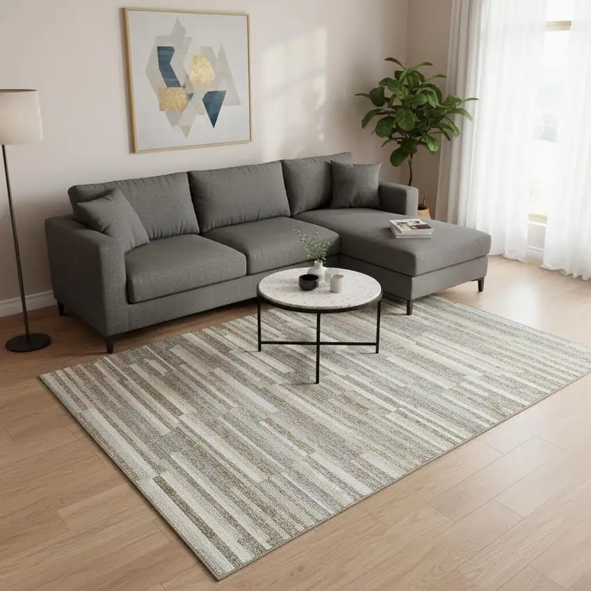 Taupe Ivory And Gray Striped Washable Area Rug With UV Protection Photo 2