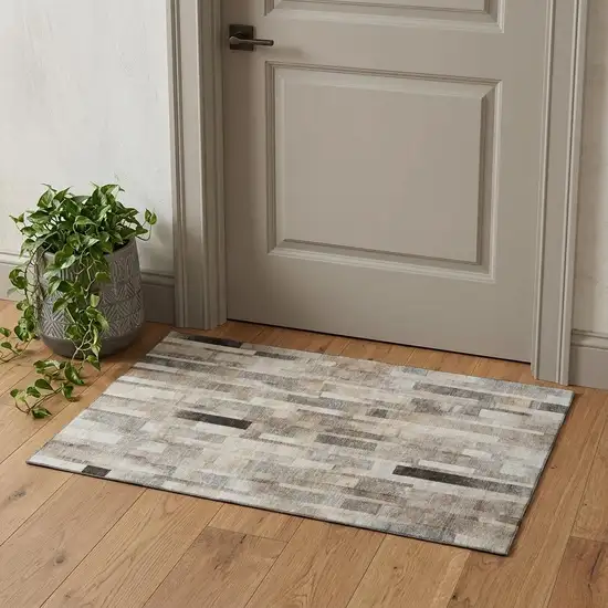 Taupe Ivory And Gray Striped Washable Area Rug With UV Protection Photo 1