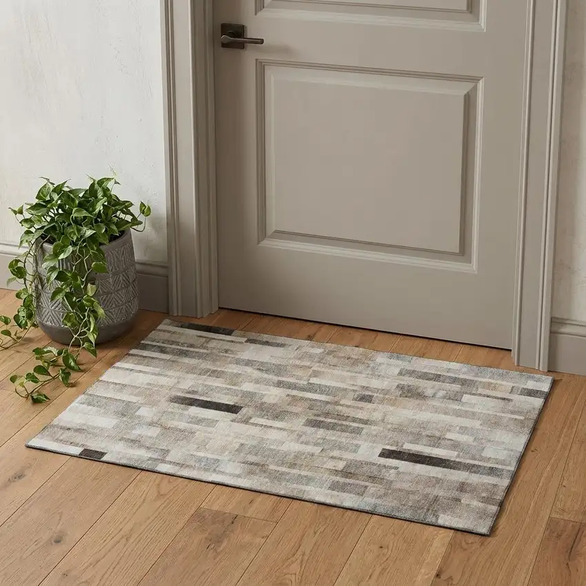 Taupe Ivory And Gray Striped Washable Area Rug With UV Protection Photo 1