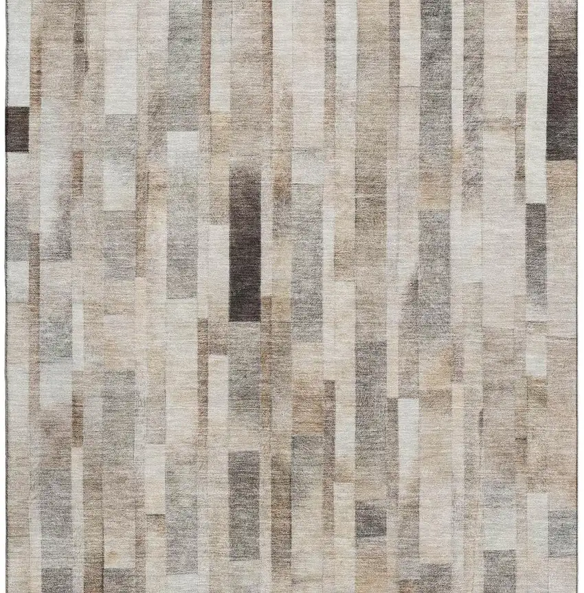 Taupe Ivory And Gray Striped Washable Area Rug With UV Protection Photo 2