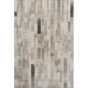 Photo of Taupe Ivory And Gray Striped Washable Area Rug With UV Protection