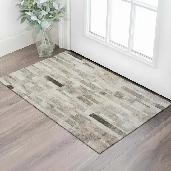 Taupe Ivory And Gray Striped Washable Area Rug With UV Protection Photo 2