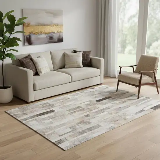 Taupe Ivory And Gray Striped Washable Area Rug With UV Protection Photo 2