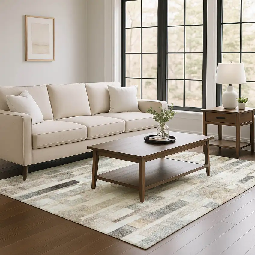 Taupe Ivory And Gray Striped Washable Area Rug With UV Protection Photo 4