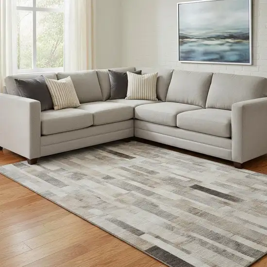 Taupe Ivory And Gray Striped Washable Area Rug With UV Protection Photo 2