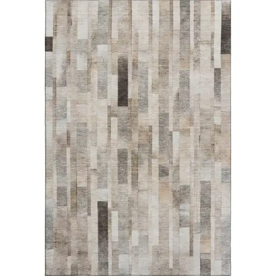 Taupe Ivory And Gray Striped Washable Area Rug With UV Protection Photo 1