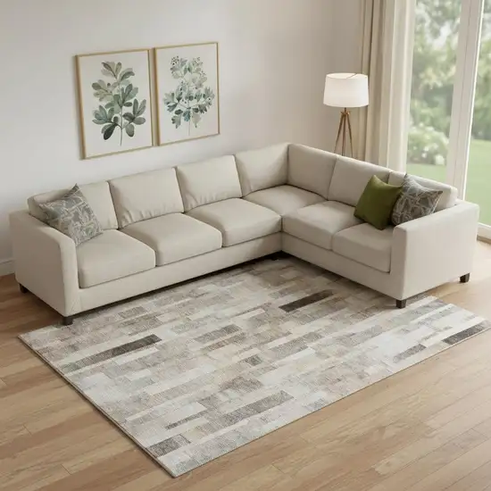 Taupe Ivory And Gray Striped Washable Area Rug With UV Protection Photo 2