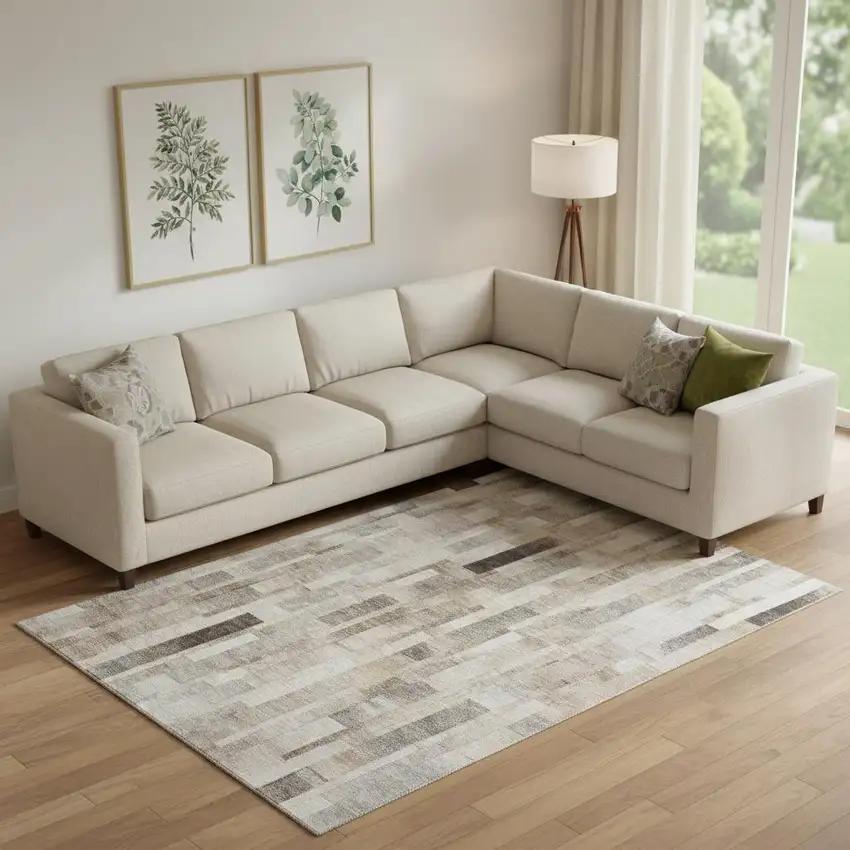 Taupe Ivory And Gray Striped Washable Area Rug With UV Protection Photo 2