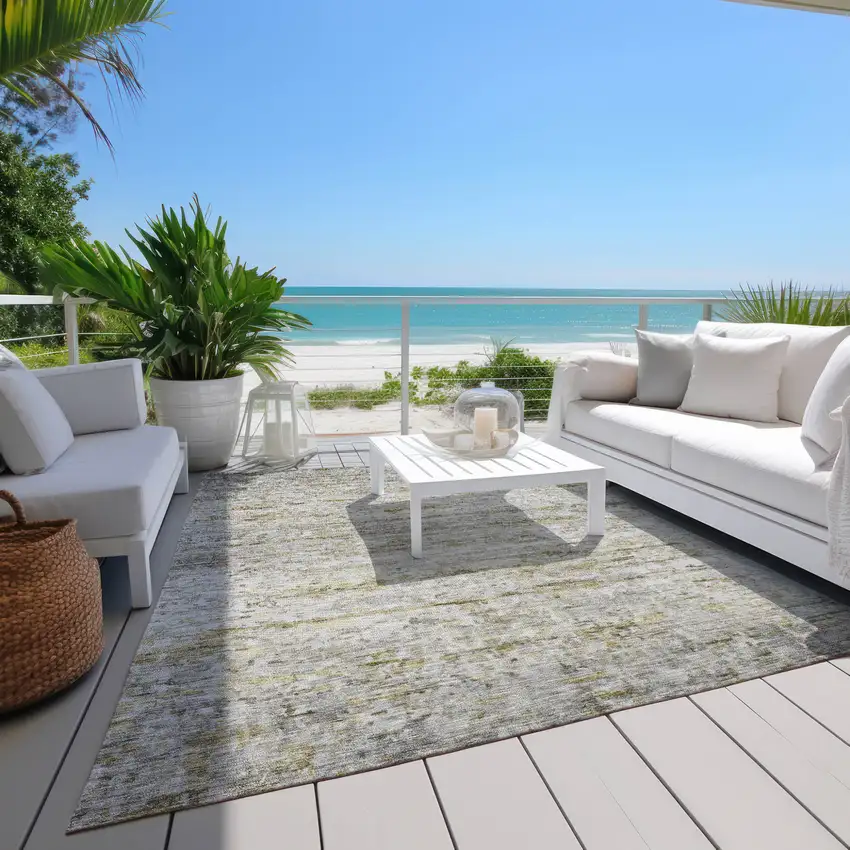 Taupe Ivory And Green Striped Washable Indoor Outdoor Area Rug Photo 9