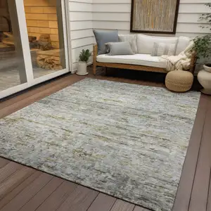 Photo of Taupe Ivory And Green Striped Washable Indoor Outdoor Area Rug