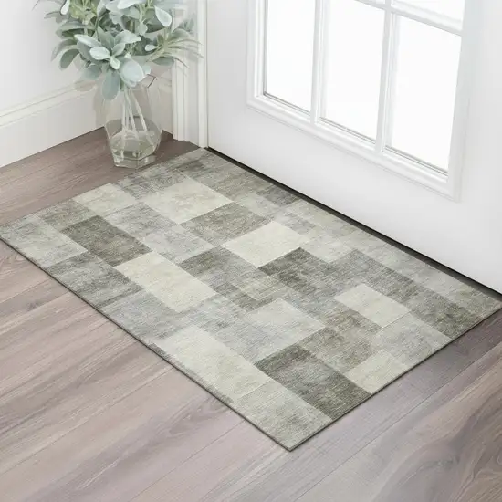 Taupe Ivory And Khaki Geometric Washable Area Rug With UV Protection Photo 2