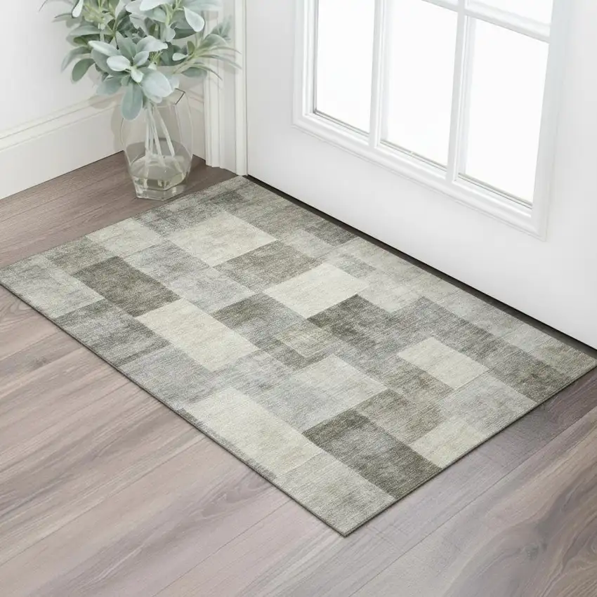 Taupe Ivory And Khaki Geometric Washable Area Rug With UV Protection Photo 2