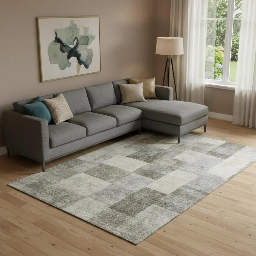 Taupe Ivory And Khaki Geometric Washable Area Rug With UV Protection Photo 2