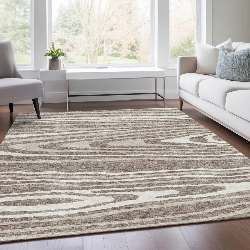 Taupe Ivory And Khaki Woodland Lodge Washable Area Rug With UV Protection Photo 5