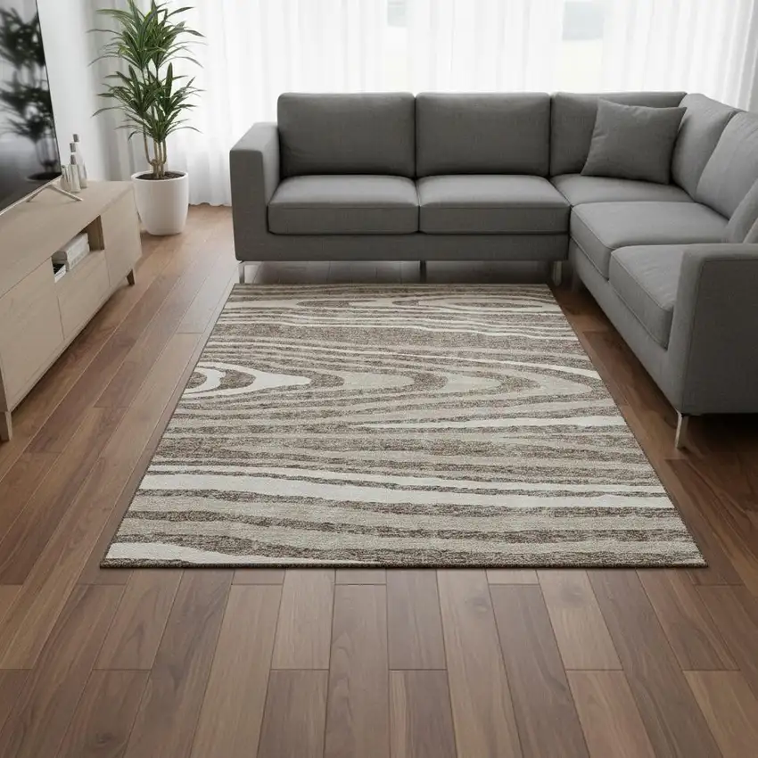 Taupe Ivory And Khaki Woodland Lodge Washable Area Rug With UV Protection Photo 2