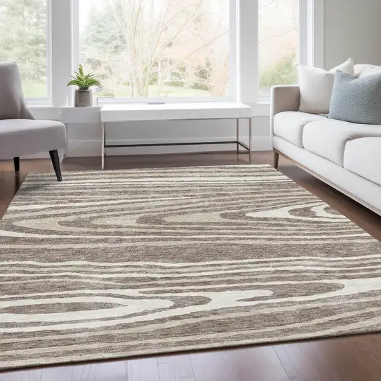 Taupe Ivory And Khaki Woodland Lodge Washable Area Rug With UV Protection Photo 5