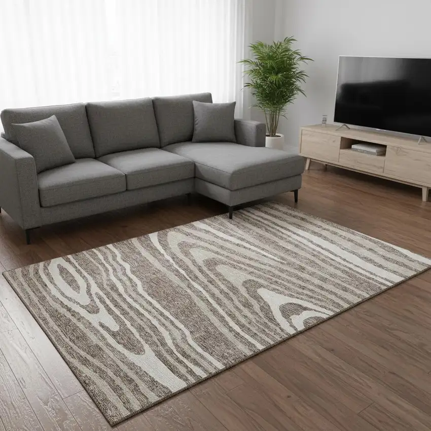 Taupe Ivory And Khaki Woodland Lodge Washable Area Rug With UV Protection Photo 2