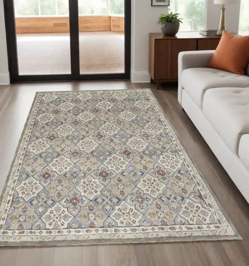 Taupe and Ivory Wool Patchwork Hand Tufted Area Rug Photo 1