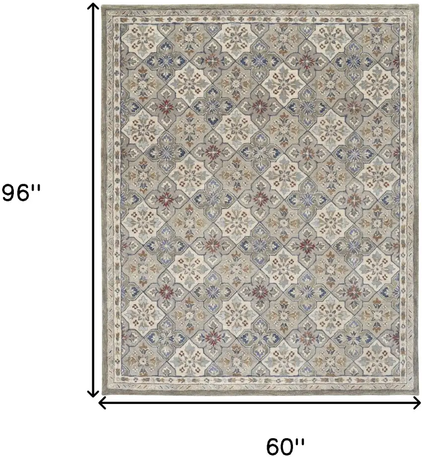 Taupe Ivory And Red Wool Patchwork Tufted Handmade Stain Resistant Area Rug Photo 10
