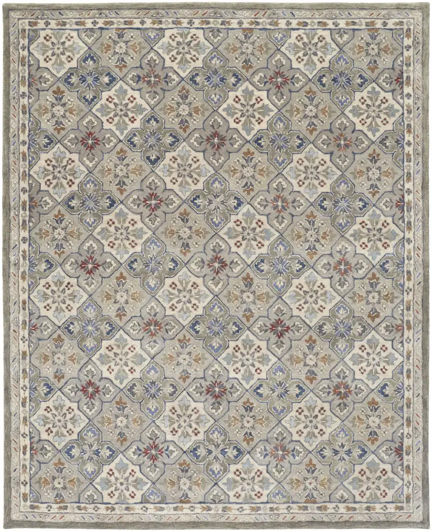 Taupe Ivory And Red Wool Patchwork Tufted Handmade Stain Resistant Area Rug Photo 1
