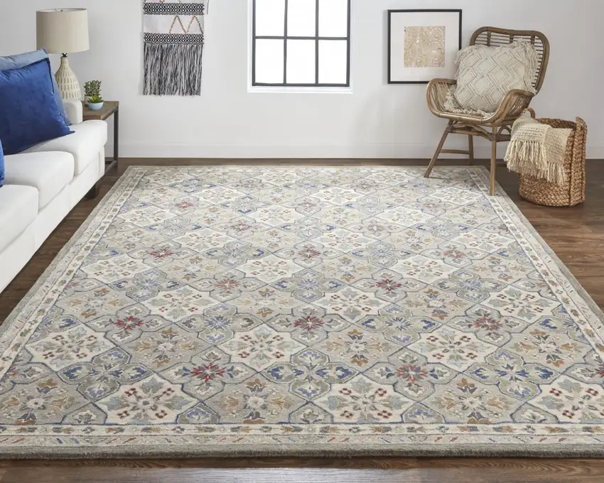 Taupe Ivory And Red Wool Patchwork Tufted Handmade Stain Resistant Area Rug Photo 5