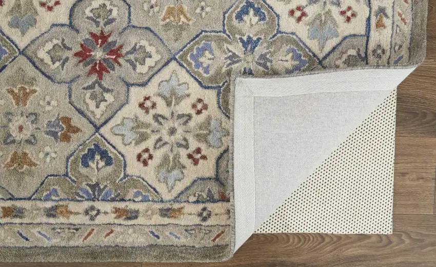 Taupe Ivory And Red Wool Patchwork Tufted Handmade Stain Resistant Area Rug Photo 3
