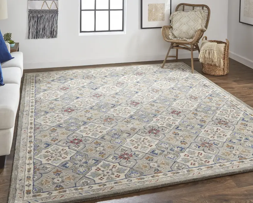 Taupe Ivory And Red Wool Patchwork Tufted Handmade Stain Resistant Area Rug Photo 6