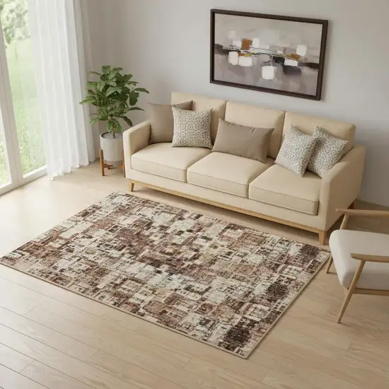 Taupe Ivory And Rust Geometric Washable Area Rug With UV Protection Photo 1