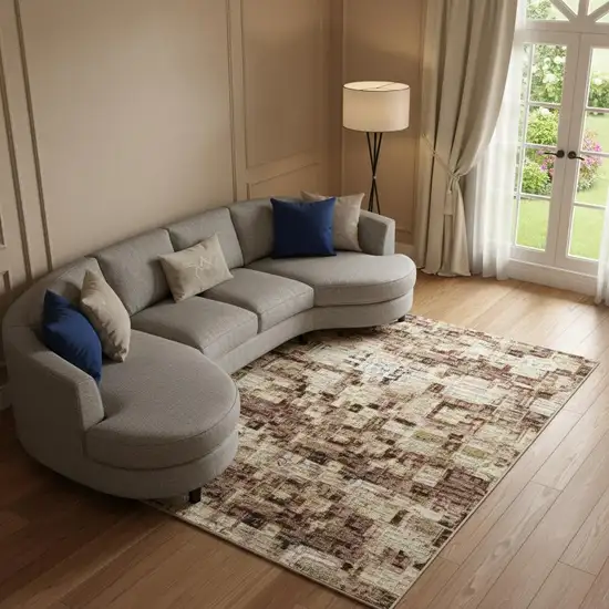 Taupe Ivory And Rust Geometric Washable Area Rug With UV Protection Photo 1