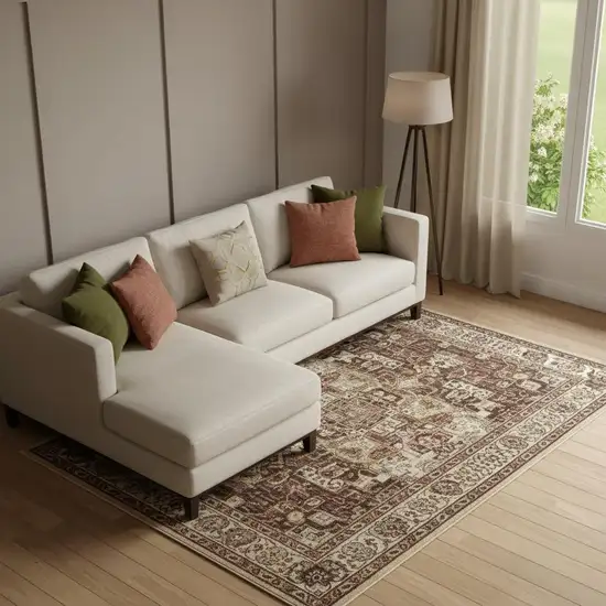 Taupe Ivory And Rust Geometric Washable Area Rug With UV Protection Photo 1