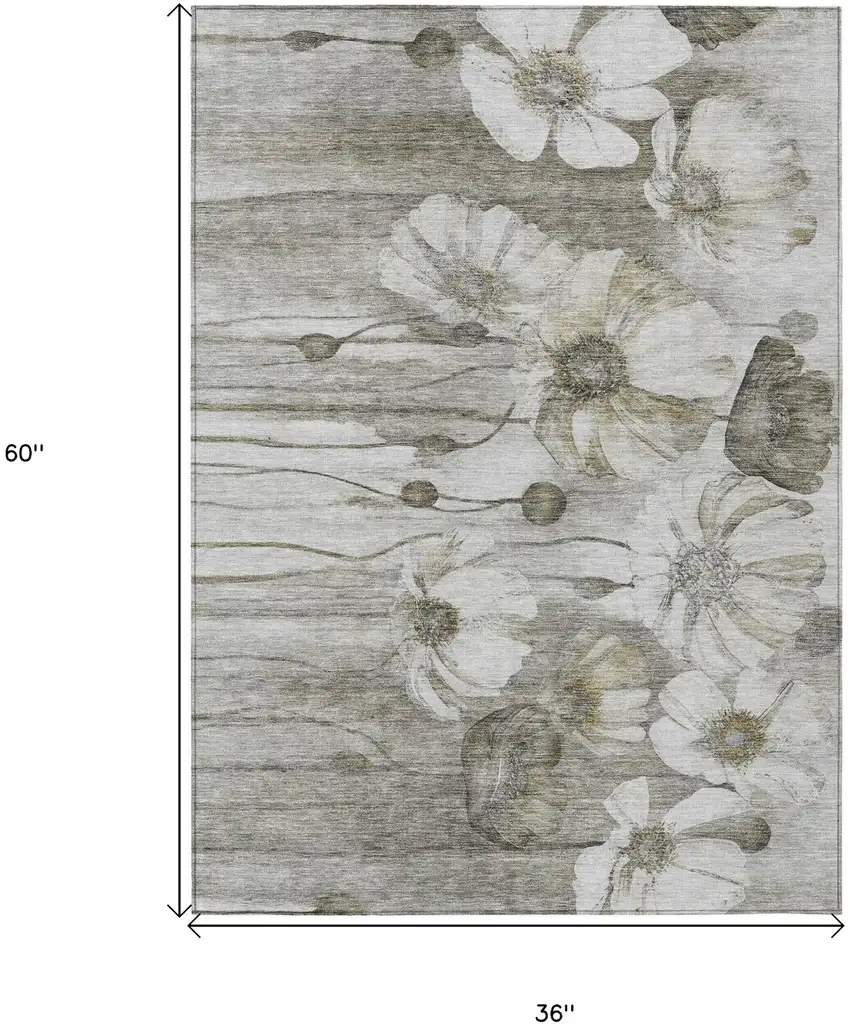 Taupe Ivory And Tan Floral Washable Indoor Outdoor Area Rug Photo 3