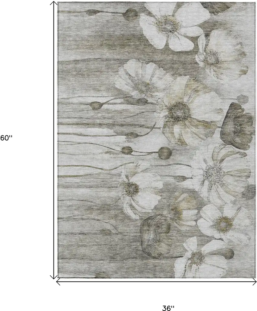 Taupe Ivory And Tan Floral Washable Indoor Outdoor Area Rug Photo 3