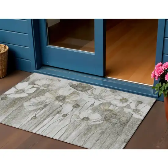 Taupe Ivory And Tan Floral Washable Indoor Outdoor Area Rug Photo 1