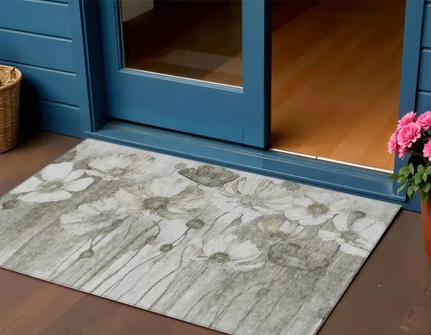 Taupe Ivory And Tan Floral Washable Indoor Outdoor Area Rug Photo 1
