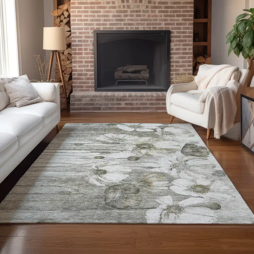 Taupe Ivory And Tan Floral Washable Indoor Outdoor Area Rug Photo 9